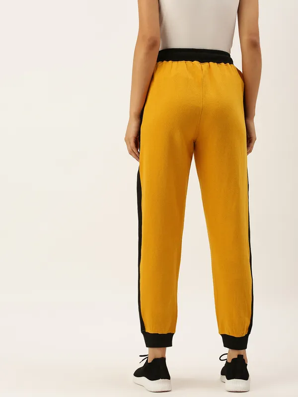 Mustard_Yellow_And_Black_Panel_Cotton_Blend_Joggers_For_Women