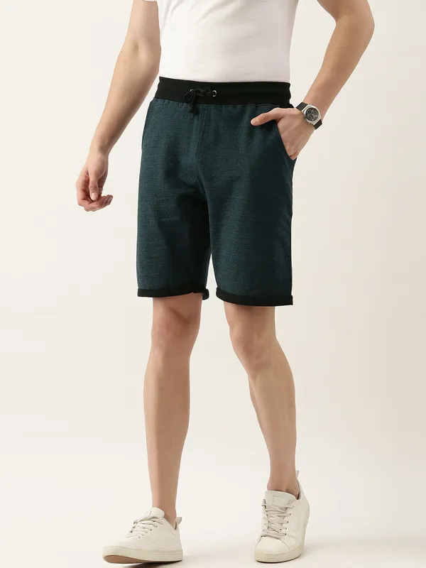 Teal_And_Black_Cotton_Blend_Drawstring_Shorts_For_Men