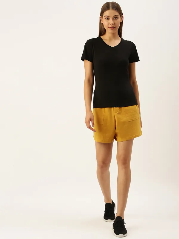 Mustard_Yellow_Cotton_Blend_Relaxed_Fit_Shorts_For_Women