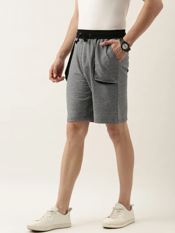 Grey_Textured_Knit_Cargo_Shorts_Contrast_Waistband_For_Men