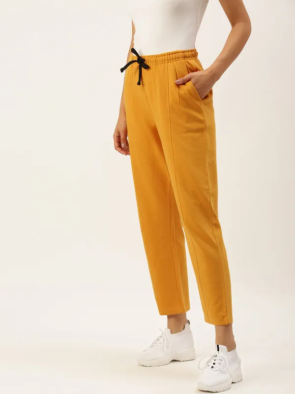 Mustard_Yellow_Cotton_Blend_Drawstring_Track_Pants_For_Women