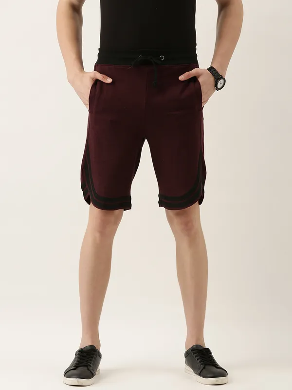 Maroon_Textured_Knit_Black_Contrast_Trim_Shorts_For_Men