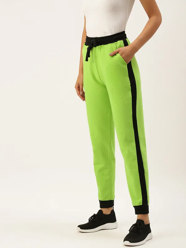 Neon_Green_And_Black_Panel_Cotton_Blend_Joggers_For_Women