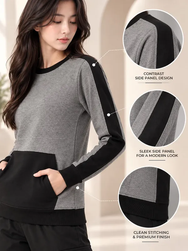 Grey_Knit_Contrast_Panel_Sweatshirt_For_Women
