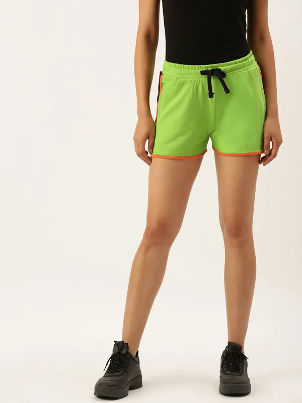 Green_And_Orange_Cotton_Blend_Relaxed_Fit_Shorts_For_Women