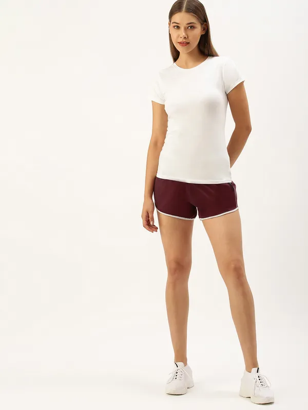 Maroon_And_White_Trim_Cotton_Blend_Sports_Shorts_For_Women