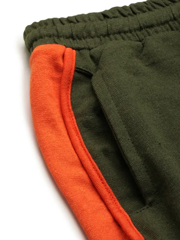 Olive_Green_And_Orange_Cotton_Blend_Elasticated_Waist_Shorts_For_Women