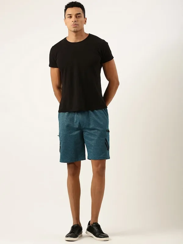 Teal_Blue_Heathered_Cotton_Blend_Cargo_Shorts_For_Men