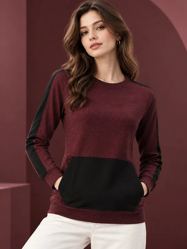 Burgundy_Contrast_Panel_Crew_Neck_Sweatshirt_for_Men_And_Women