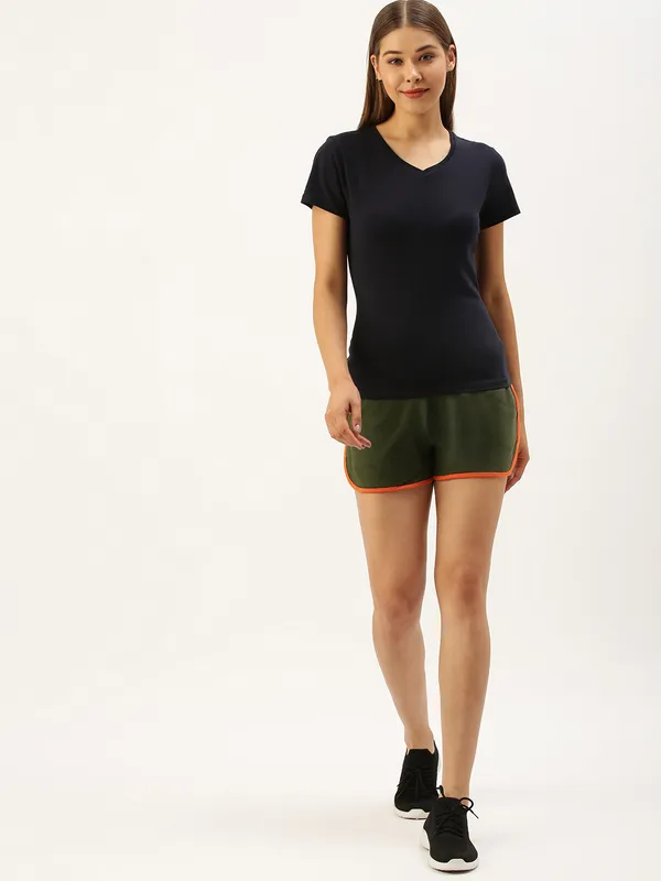 Olive_Green_And_Orange_Cotton_Blend_Elasticated_Waist_Shorts_For_Women