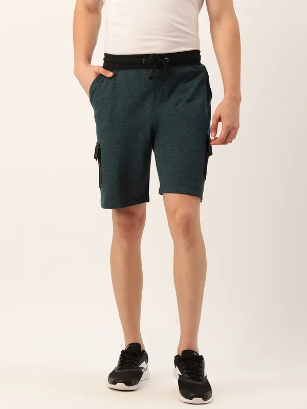 Teal_Cotton_Blend_Elasticated_Casual_Shorts_For_Men