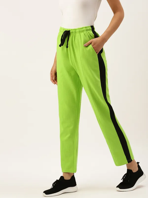 Green_And_Black_Side_Panel_Cotton_Blend_Track_Pants_For_Women