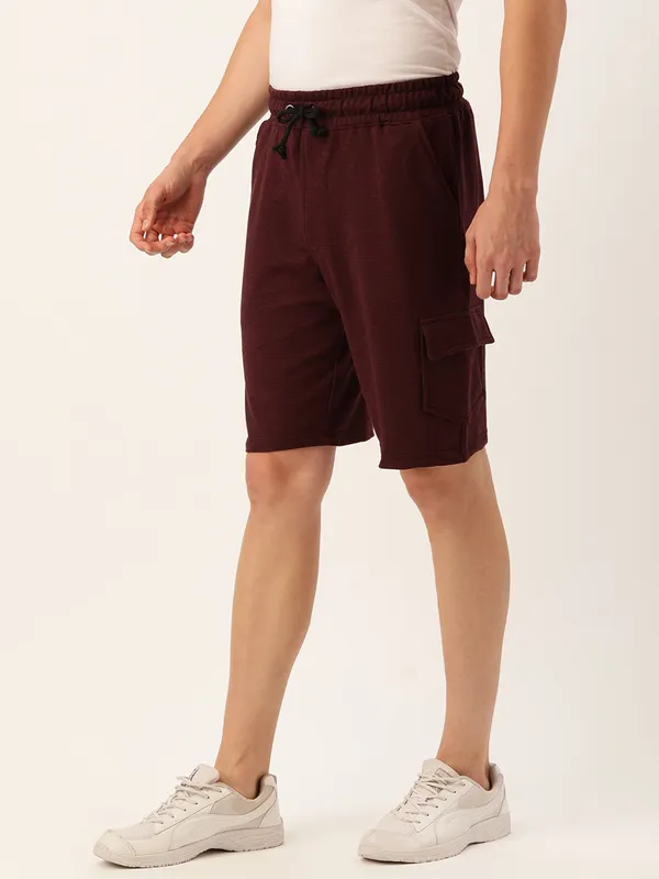 Maroon_Cotton_Blend_Drawstring_Cargo_Shorts_For_Men