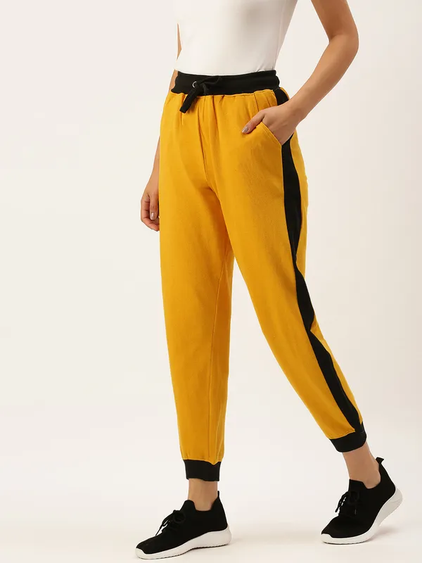 Mustard_Yellow_And_Black_Panel_Cotton_Blend_Joggers_For_Women