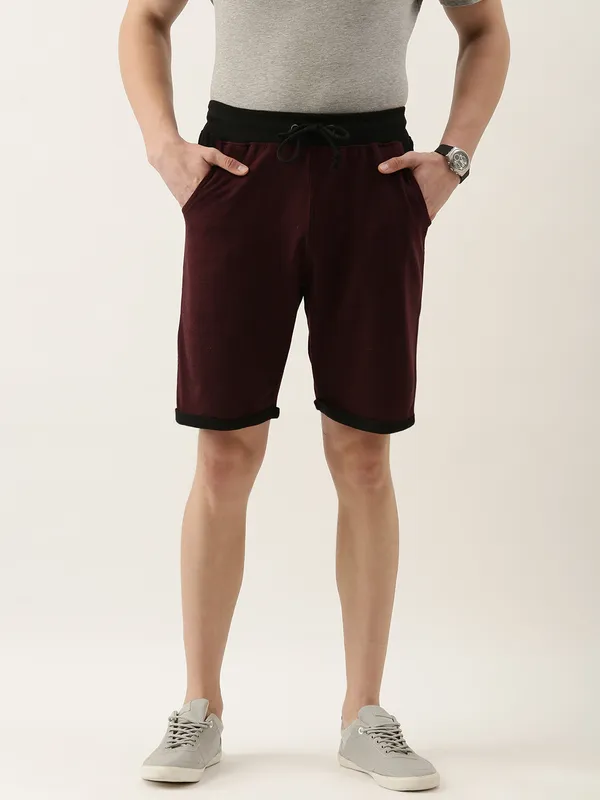 Maroon_And_Black_Knit_Contrast_Trim_Shorts_For_Men