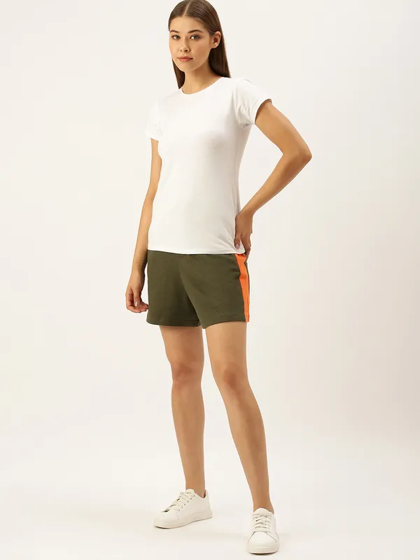 Olive_Green_And_Orange_Side_Panel_Cotton_Blend_Shorts_For_Women