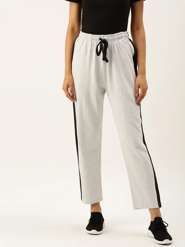 White_Cotton_Blend_Striped_Track_Pants_For_Women