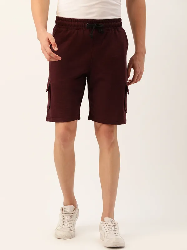Maroon_Cotton_Blend_Drawstring_Cargo_Shorts_For_Men