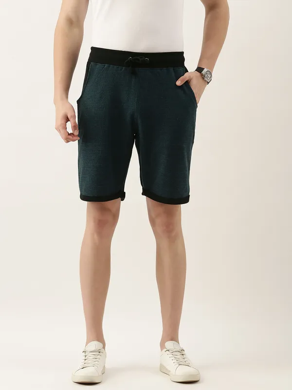 Teal_And_Black_Cotton_Blend_Drawstring_Shorts_For_Men
