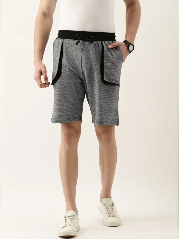 Grey_Textured_Knit_Cargo_Shorts_Contrast_Waistband_For_Men