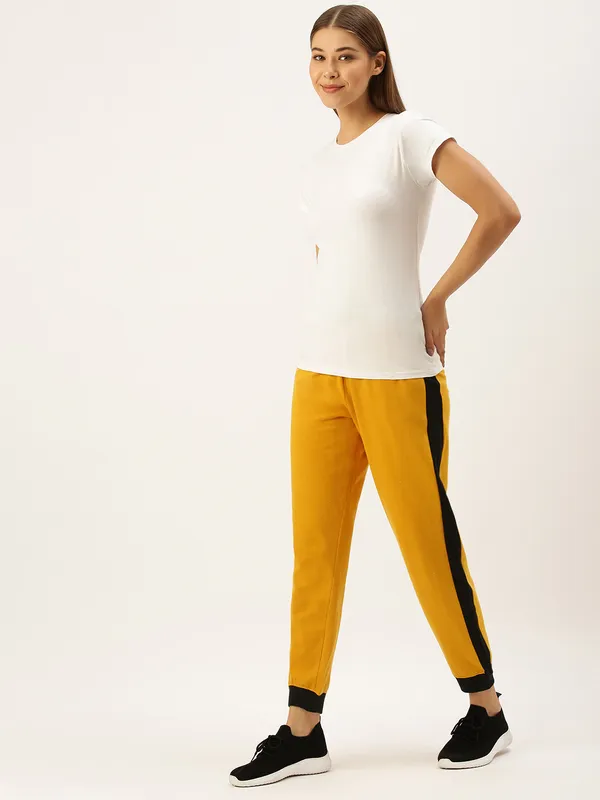 Mustard_Yellow_And_Black_Panel_Cotton_Blend_Joggers_For_Women