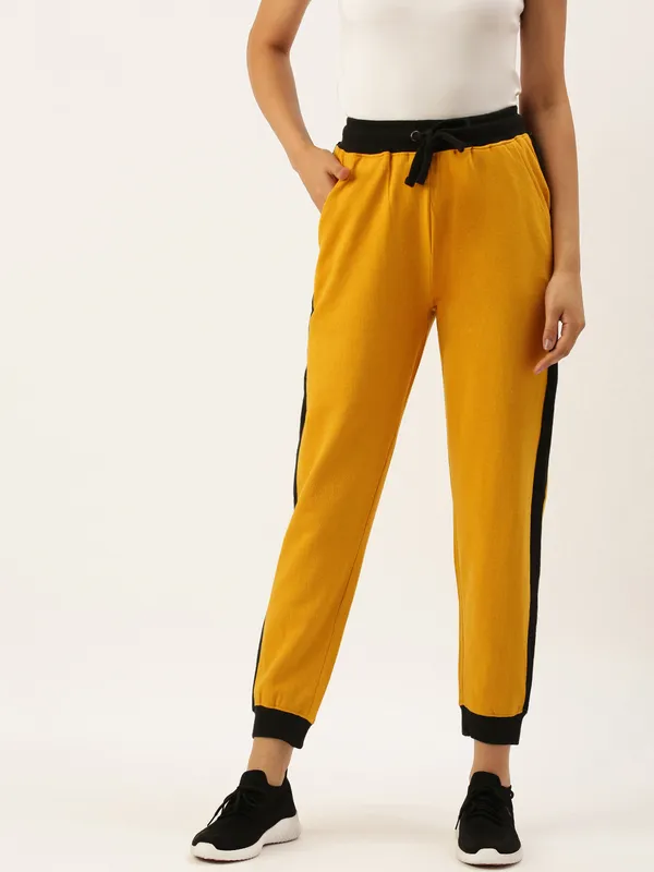 Mustard_Yellow_And_Black_Panel_Cotton_Blend_Joggers_For_Women