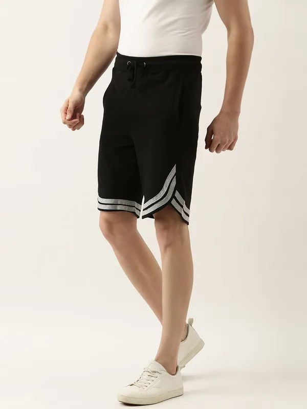 Black_And_White_Striped_Hem_Cotton_Blend_Sports_Shorts_For_Men