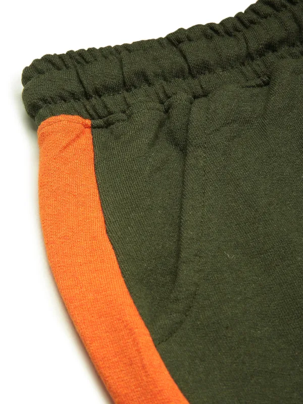 Olive_Green_And_Orange_Side_Panel_Cotton_Blend_Shorts_For_Women