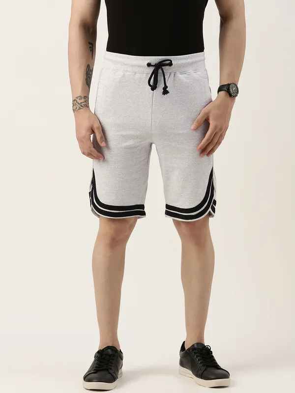 White_And_Black_Striped_Hem_Cotton_Blend_Sports_Shorts_For_Men