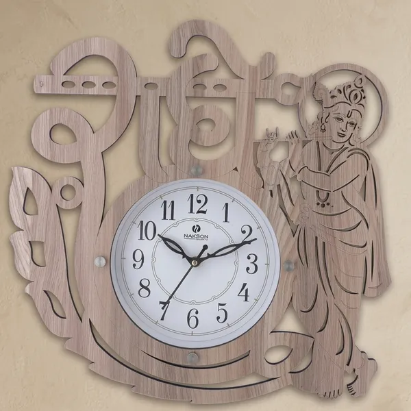 Wood_Devotional_Krishna_Shubh_Labh_Decorative_Wall_Clock