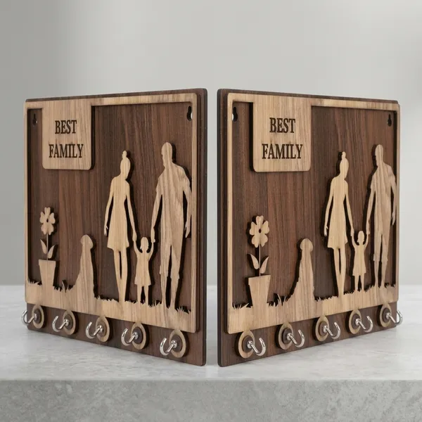 Wood_Dual_Tone_Family_Silhouette_5_Hook_Key_Holder_|_Pack_Of_2