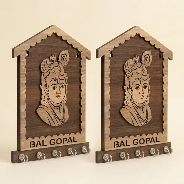 Wood_Devotional_Bal_Gopal_Engraved_Wall_Mounted_Key_Holder_|_Pack_Of_2