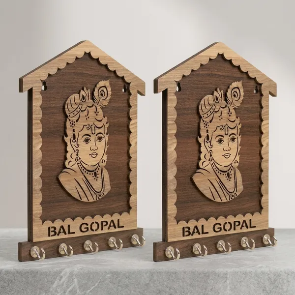 Wood_Devotional_Bal_Gopal_Engraved_Wall_Mounted_Key_Holder_|_Pack_Of_2