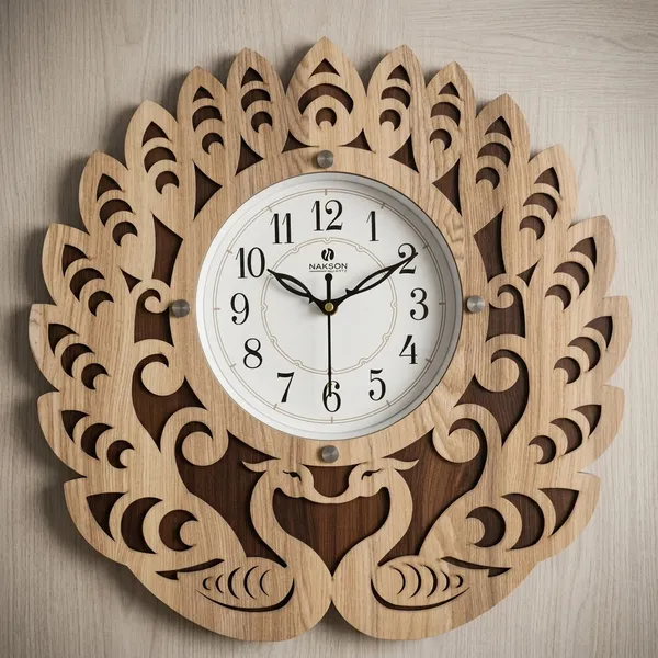 Wood_Laser_Cut_Peacock_Feather_Analog_Wall_Clock