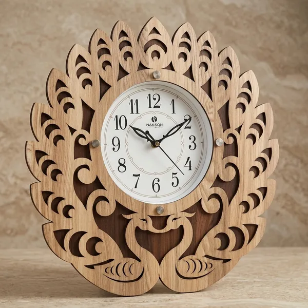 Wood_Laser_Cut_Peacock_Feather_Analog_Wall_Clock