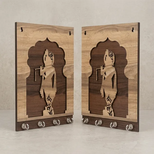 Wood_Devotional_Krishna_Carved_Wall_Mounted_Key_Holder_|_Pack_Of_2