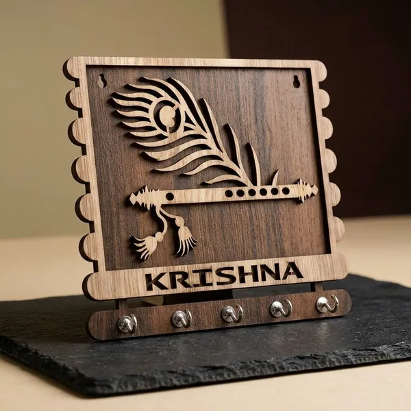 Wood_Devotional_Krishna_Peacock_Feather_Wall_Mounted_Key_Holder_|_Pack_Of_2