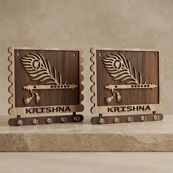 Wood_Devotional_Krishna_Peacock_Feather_Wall_Mounted_Key_Holder_|_Pack_Of_2