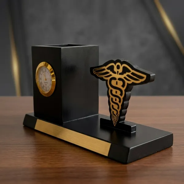 Black_Gold_Medical_Caduceus_Analog_Desk_Clock_With_Name_Plate