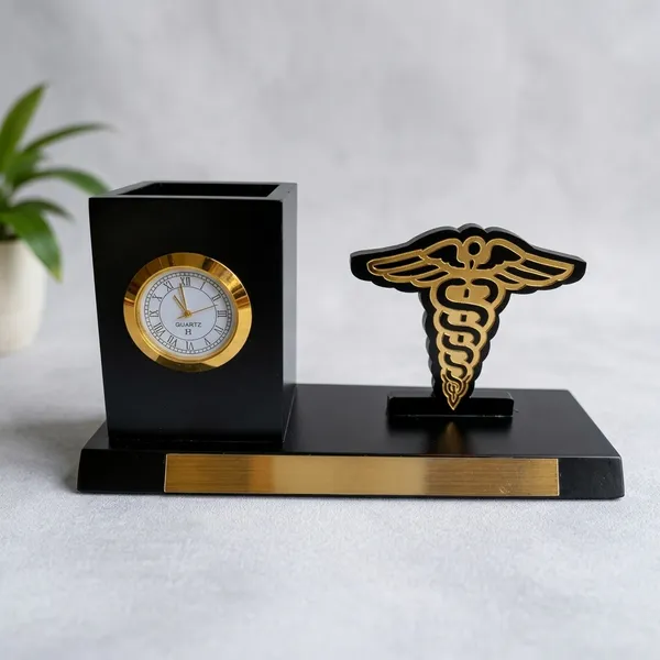Black_Gold_Medical_Caduceus_Analog_Desk_Clock_With_Name_Plate