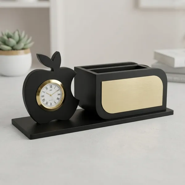 Wood_Black_Apple_Clock_Desk_Organizer_With_Pen_Holder