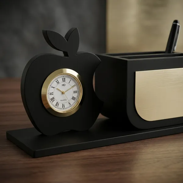 Wood_Black_Apple_Clock_Desk_Organizer_With_Pen_Holder