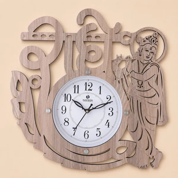 Wood_Devotional_Krishna_Shubh_Labh_Decorative_Wall_Clock