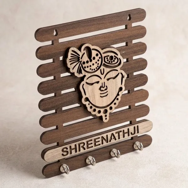 Wood_Shreenathji_Laser_Cut_Decorative_5_Hook_Key_Holder_|_Pack_Of_2