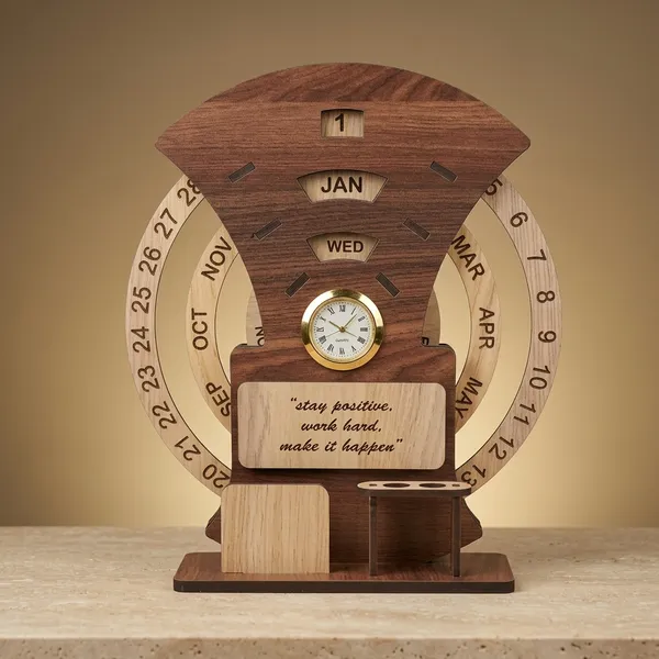 Wood_Circular_Perpetual_Calendar_Clock_Pen_Holder_Desk_Set