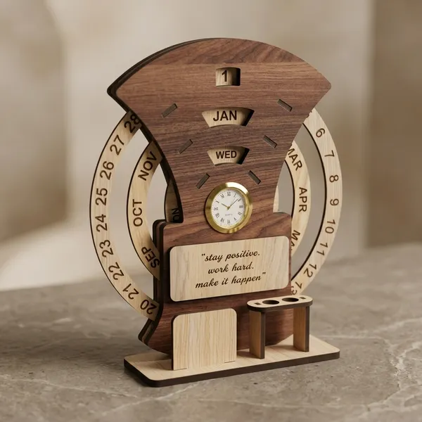 Wood_Circular_Perpetual_Calendar_Clock_Pen_Holder_Desk_Set