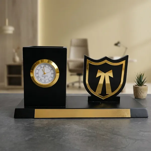 Wood_Black_Gold_Executive_Shield_Trophy_Desk_Clock
