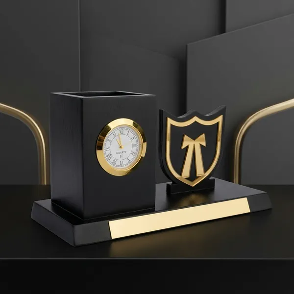 Wood_Black_Gold_Executive_Shield_Trophy_Desk_Clock