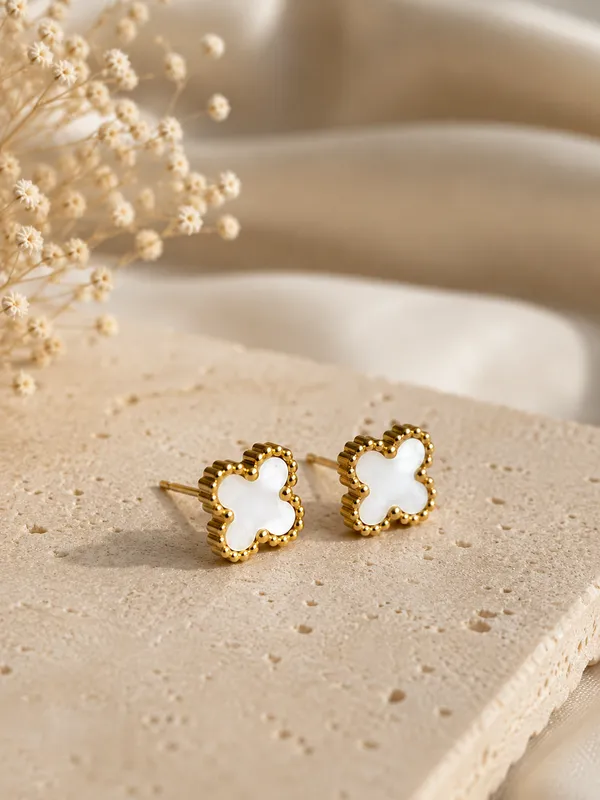 White_And_Gold_Clover_Stud_Earrings
