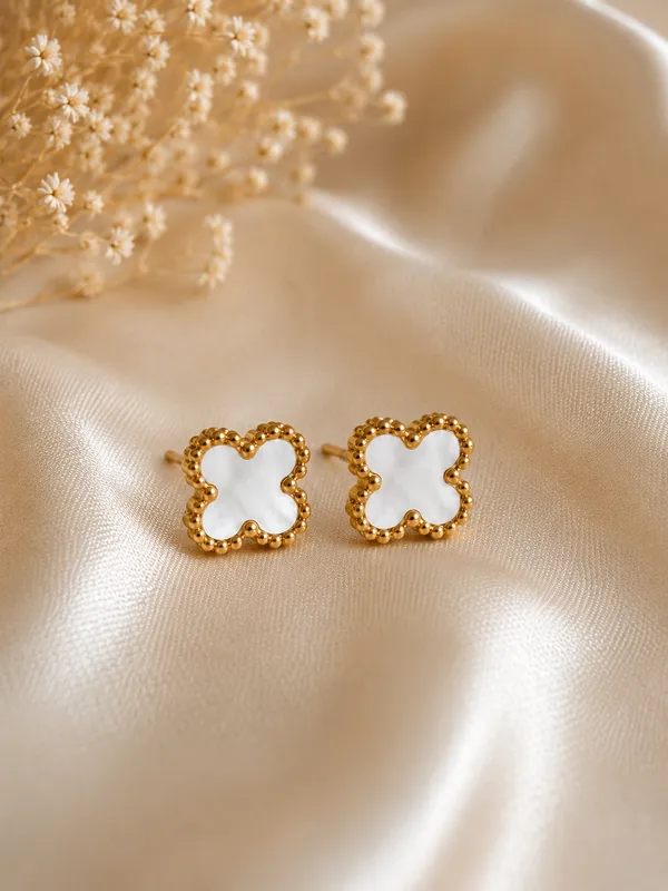 White_And_Gold_Clover_Stud_Earrings